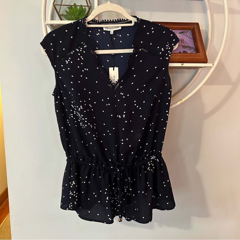 Heartloom Women's XS Extra Small Blue Polka Dot Peplum Short Sleeve Shirt NWT